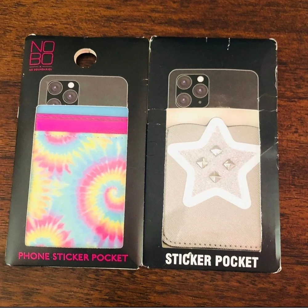 2 PK Phone Sticker ID Cards Pocket wallet. rainbow, blue, pink and silver.